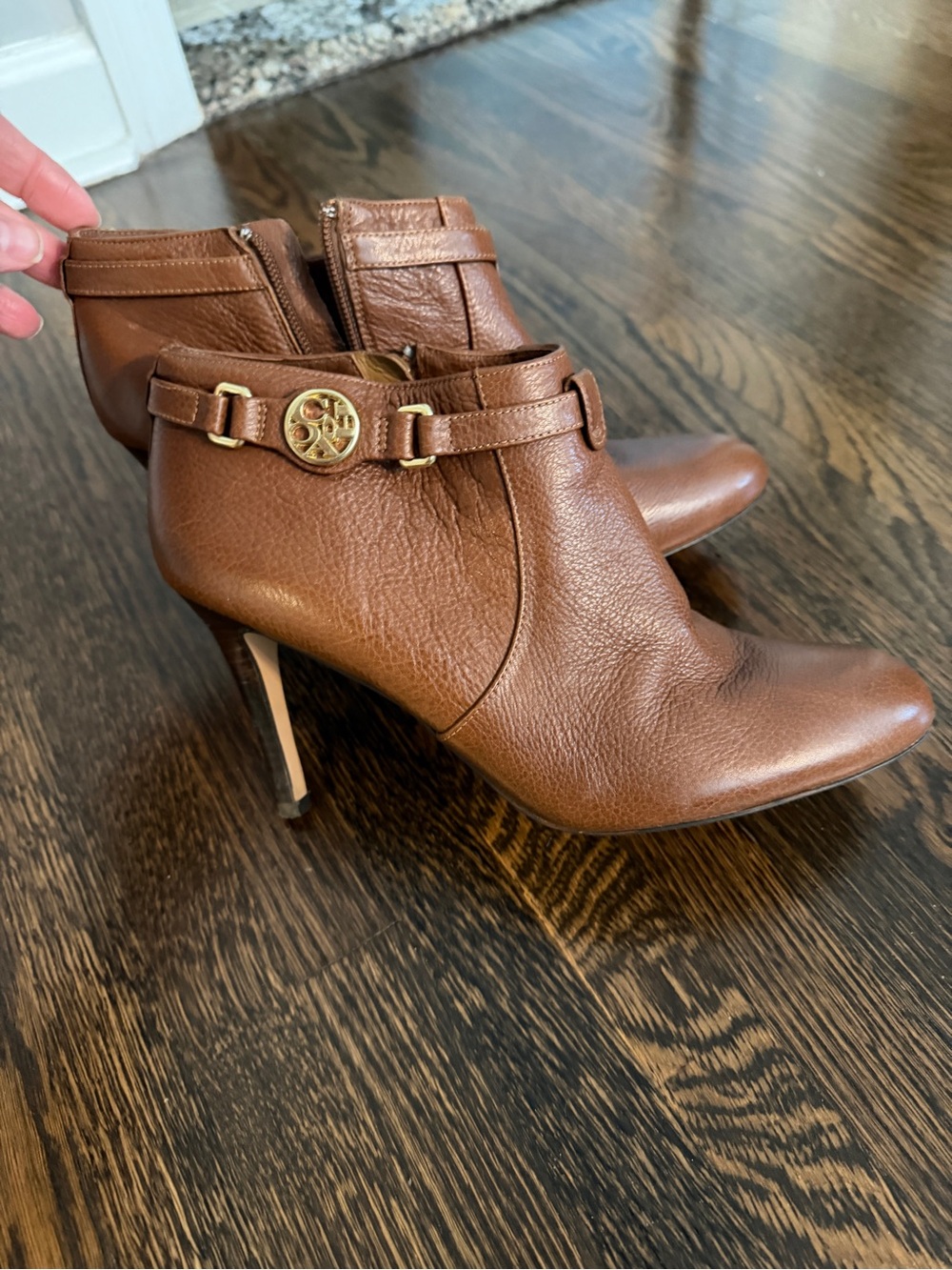 Coach Brown Leather Ankle Booties with Gold Logo Accent